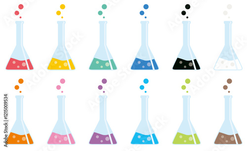 シンプルなフラスコと液体のベクターイラストアイコンのカラフルセット／Colorful set of simple flask and liquid vector illustration icons