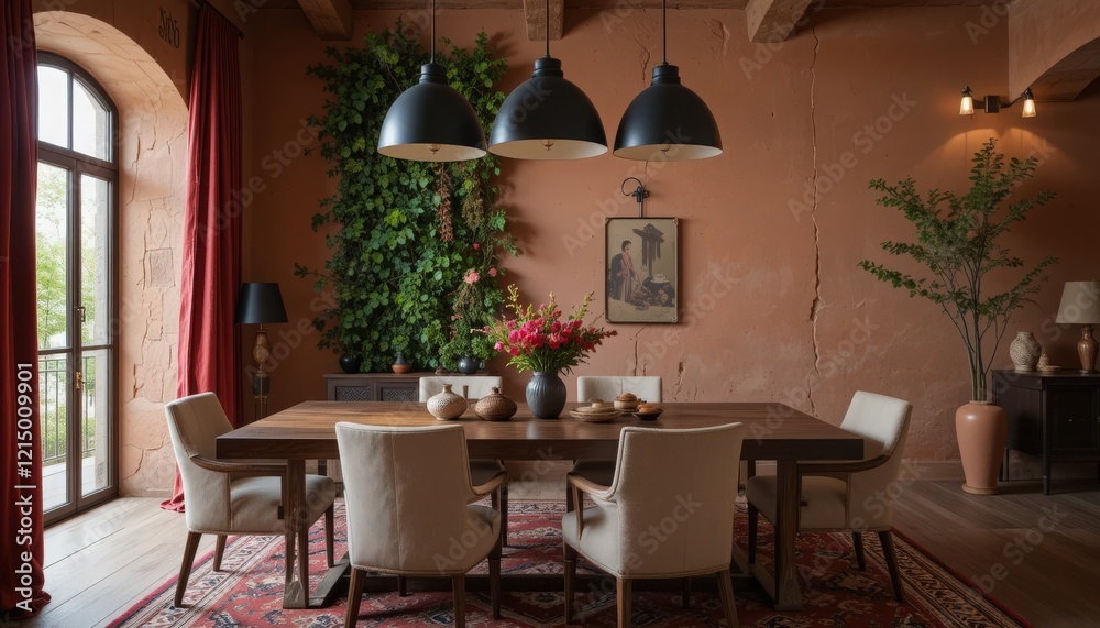A spacious dining area features a striking wooden table surrounded by plush chairs, illuminated by stylish pendant lights and vibrant indoor plants that enhance the ambiance A spacious dining area features a striking wooden table surrounded by plush chairs, illuminated by stylish pendant lights and vibrant indoor plants that enhance the ambiance