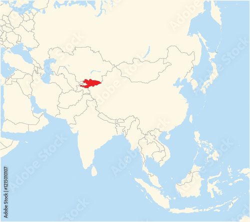 Location Map of the country Kyrgyzstan in Asia. The country is highlighted with a red polygon. No labels at all.