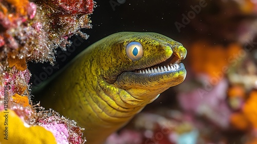 Green moray eel peering out colorful coral crevice its body partially hidden while its sharp teeth and bright eyes are illuminated by natural underwater light captured with a telephoto macro lens