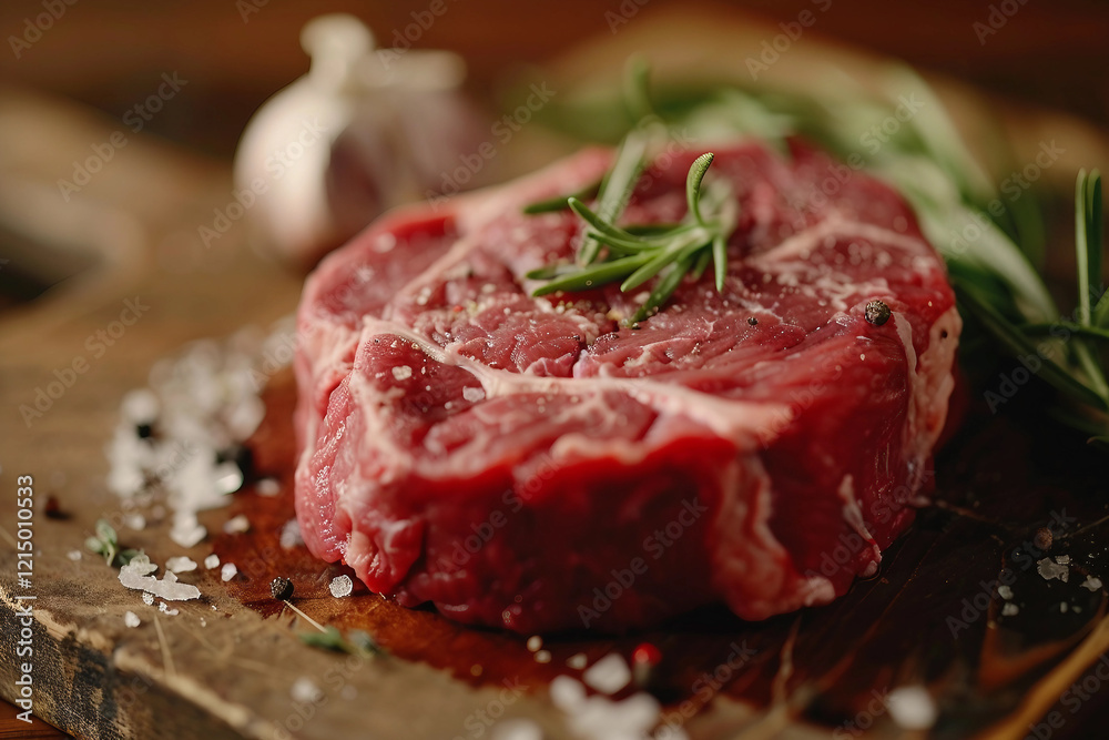Fresh Raw Meat Slices with Rosemary and Peppercorns for Delicious Meals, Generative AI Fresh Raw Meat Slices with Rosemary and Peppercorns for Delicious Meals, Generative AI