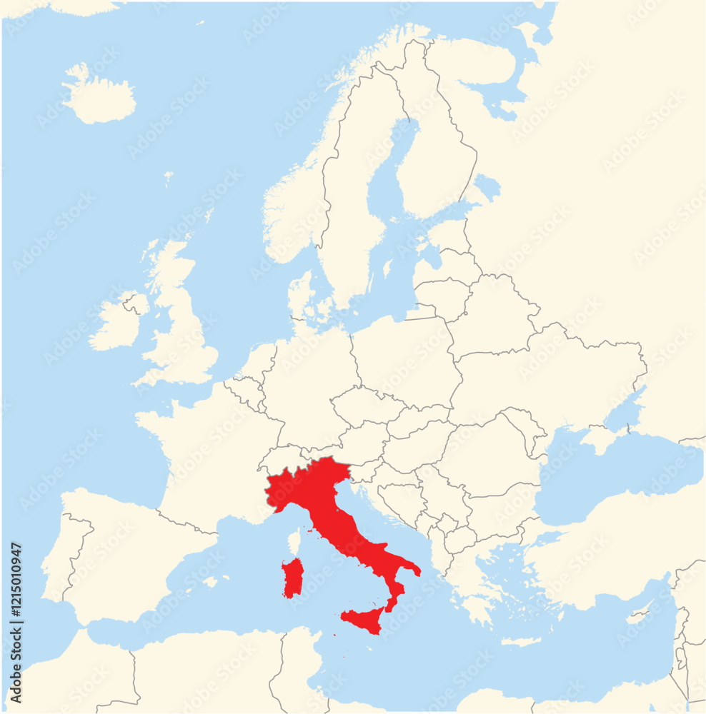 Obraz premium Location Map of the country Italy in Europe. The country is highlighted with a red polygon. No labels at all.