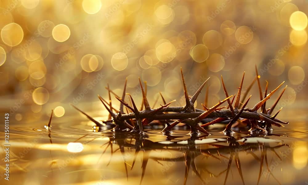 Close-up of a thorny crown floating on water with a golden bokeh background. The serene yet powerful scene evokes themes of sacrifice and spirituality. Ideal for use in religious or symbolic contexts