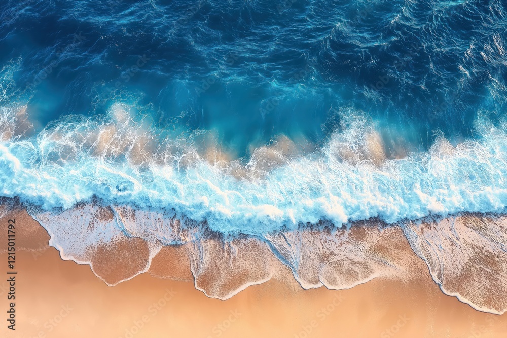 Fototapeta premium Aerial view of beautiful beach with turquoise water, splashing waves. Sandy shore meets blue ocean. Sunlight highlights waves. Relaxing scene. Perfect holiday destination. Vibrant tropical landscape.