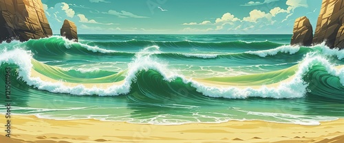 Gentle emerald waves rolling on pale yellow sandy beach illustration background design