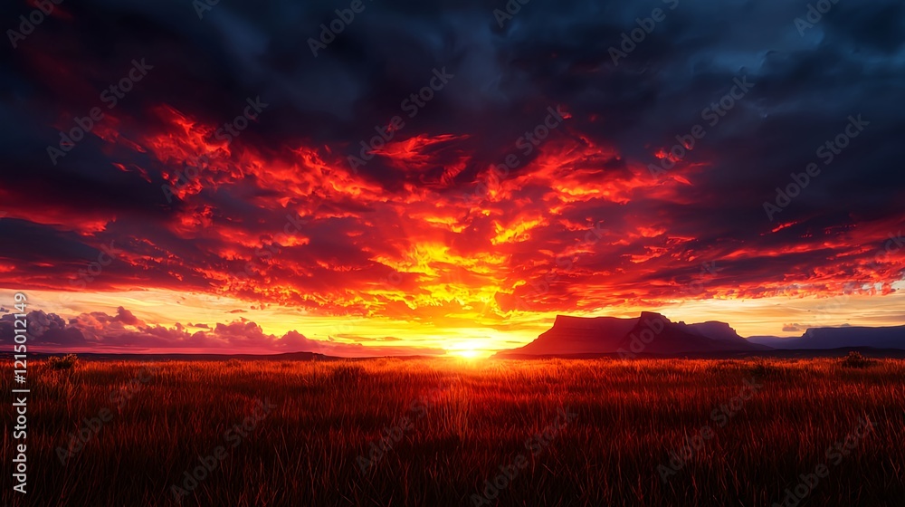 Fototapeta premium Stunning Sunset Over Mountains with Dramatic Cloudscape and Fields