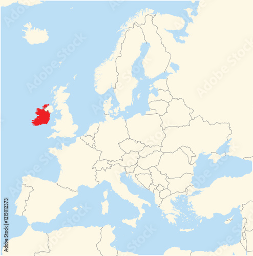 Location Map of the country Ireland in Europe. The country is highlighted with a red polygon. No labels at all.
