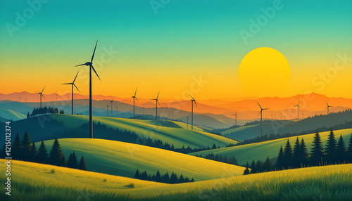 Wind Turbines on Green Hills – Symbolizing Renewable Energy, Sustainability, and Eco-Friendly Power Generation