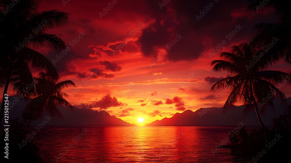 Obraz premium Vibrant Sunset Over Calm Water with Silhouetted Palm Trees