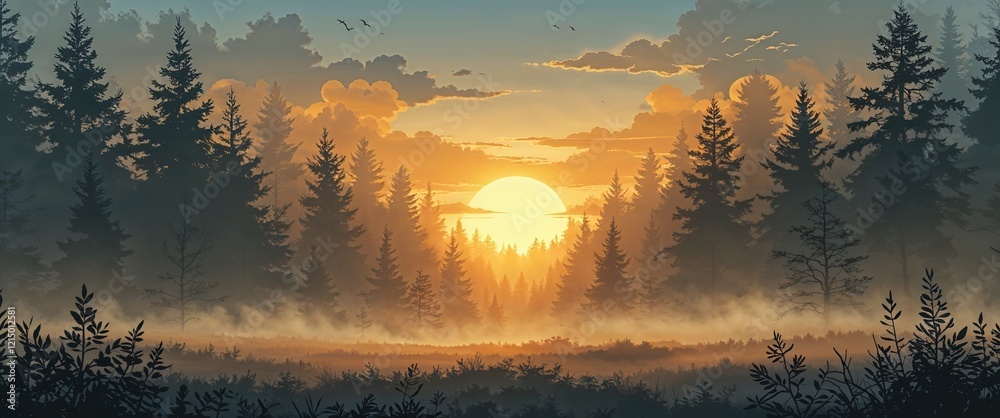 Fototapeta premium Golden sunrise peeking through dense forest fog illustration background design