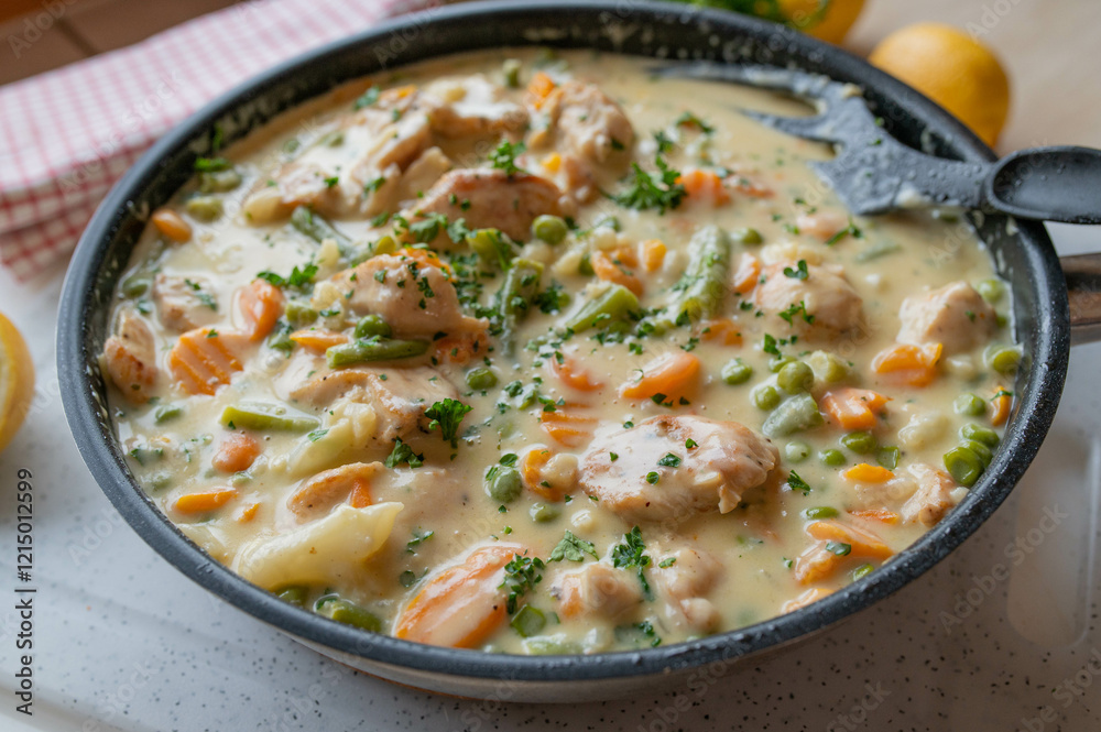 Easy homemade one pan creamy chicken breast with vegetables in a frying pan Easy homemade one pan creamy chicken breast with vegetables in a frying pan