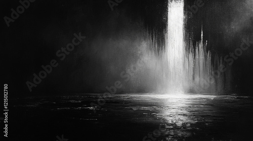 A striking black-and-white charcoal-style painting with thick texture and deep shadows on a dark gray background, accented by white highlights, featuring a minimalistic modern tone with blurred space
