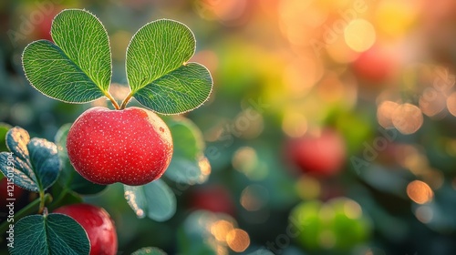 Close-up of a vibrant red berry with heart-shaped leaves, illuminated by warm sunset light.