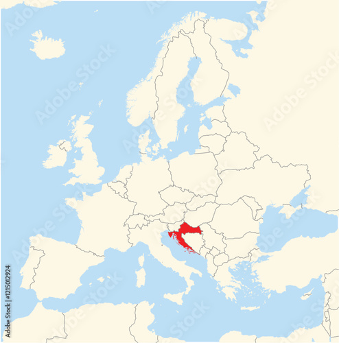 Location Map of the country Croatia in Europe. The country is highlighted with a red polygon. No labels at all.