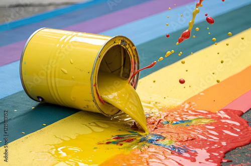 A yellow paint can spills vibrant paint onto a rainbow-striped surface, creating a colorful splash and showcasing artistic expression. photo