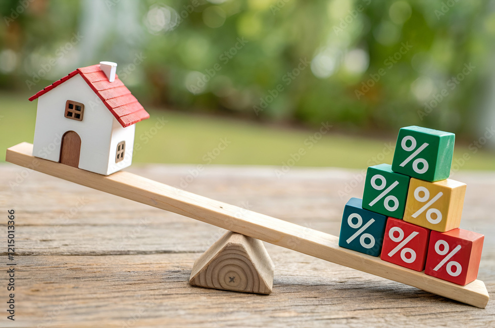 A miniature house balances on a seesaw with colorful percentage blocks, symbolizing real estate and interest rates.