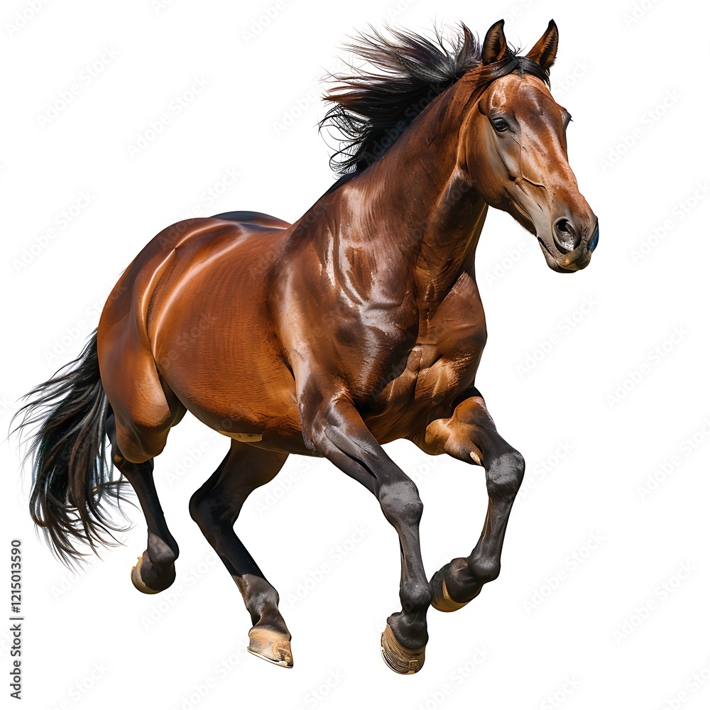 Obraz premium Bay Horse in Motion: A powerful bay horse with a flowing mane and tail gallops with determination and grace against a clean backdrop, embodying strength, speed, and freedom.