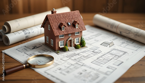 Wooden House Model on Architectural House Plan – Home Planning and Construction with Stationery Tools