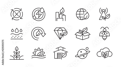 Ecology Environmental line icon set. Sustainable development, net zero, climate crisis, recycle, electric, global, warming, tsunami, acidification, melting line icon set. UI thin line icon pack.