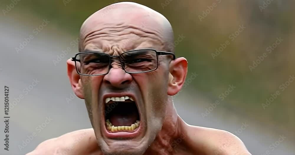 Angry bald man shouting outdoors, blurry background