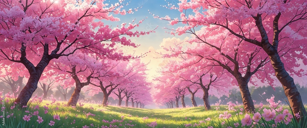 Pink cherry blossoms in a sunlit meadow illustration background design Pink cherry blossoms in a sunlit meadow illustration background design