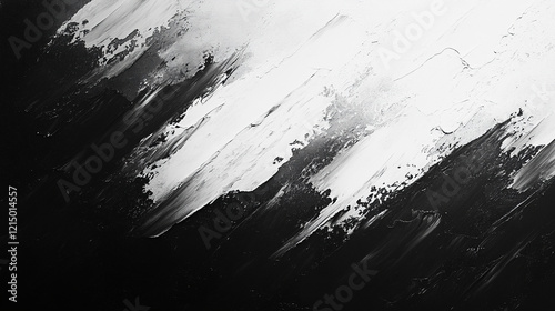 A striking black-and-white charcoal-style painting with thick texture and deep shadows on a dark gray background, accented by white highlights, featuring a minimalistic modern tone with blurred space
