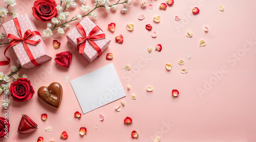 Stylish Valentines Day gifts with red hearts on pastel pink background. Flat lay, top view, copy space. Valentine's Day greeting card design. High quality photo