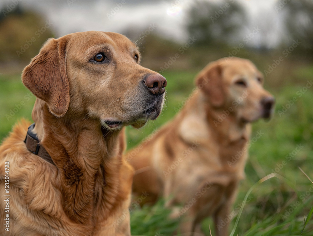 Two golden Labradors relax in a grassy field, one gazing forward and the other looking away, creating a serene scene. Two golden Labradors relax in a grassy field, one gazing forward and the other looking away, creating a serene scene.