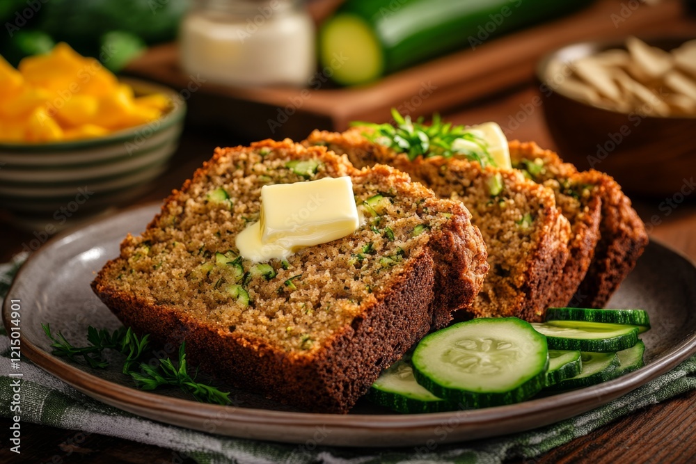 A close-up of a slice of zucchini bread on a plate, topped with a dollop of butter that beginning to melt A close-up of a slice of zucchini bread on a plate, topped with a dollop of butter that beginning to melt