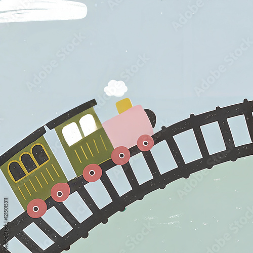 Illustration of a toy train riding on rails in earthy tones in retro style photo