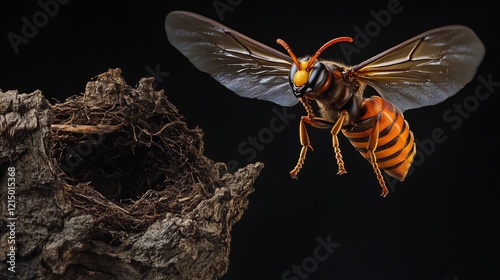 Japanese giant hornet mid flight near nest its large wings and striped body illuminated in sharp focus captured with a high speed macro lens to freeze its dynamic movement
