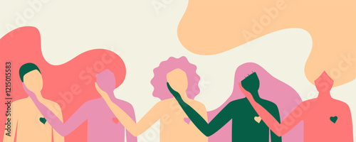 Women's power banner concept. Vector flat modern illustration of five women's figures of different races and nationalities supporting each other