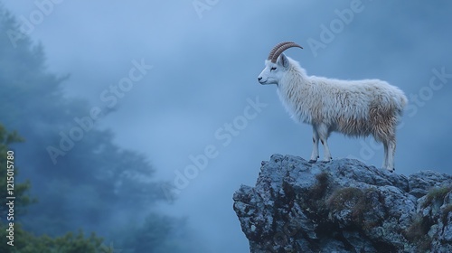 Japanese serow standing silently rocky ledge shrouded in dense mountain fog its shaggy coat and curved horns softly highlighted by diffused light captured with a telephoto lens for atmospheric mood photo