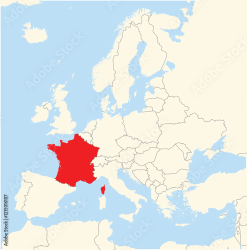 Location Map of the country France in Europe. The country is highlighted with a red polygon. No labels at all.