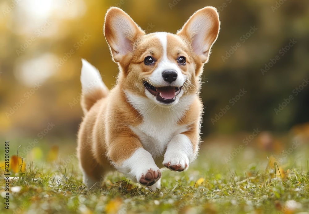 Happy Corgi Running Through a Green Field with Autumn Leaves in the Background, Capturing Joy and Playfulness in Nature's Embrace Happy Corgi Running Through a Green Field with Autumn Leaves in the Background, Capturing Joy and Playfulness in Nature's Embrace