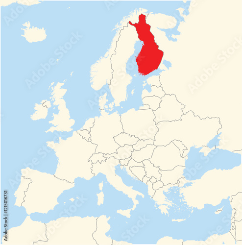 Location Map of the country Finland in Europe. The country is highlighted with a red polygon. No labels at all.