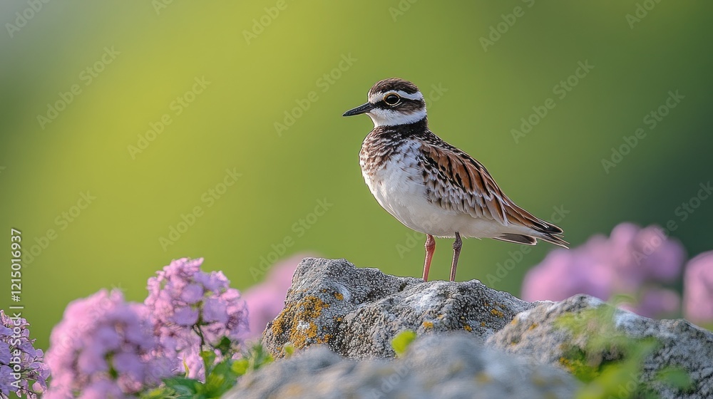 Fototapeta premium Killdeer Bird Standing on Rock Among Pink Flowers in Natural Green Background