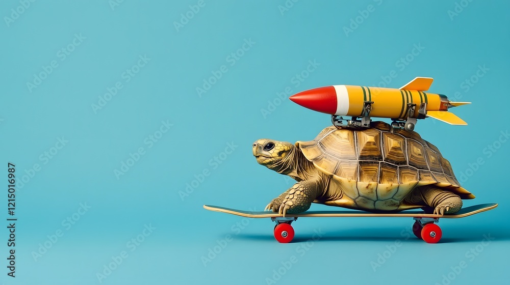 Turtle Powered by Rocket on Skateboard in Studio Turtle Powered by Rocket on Skateboard in Studio