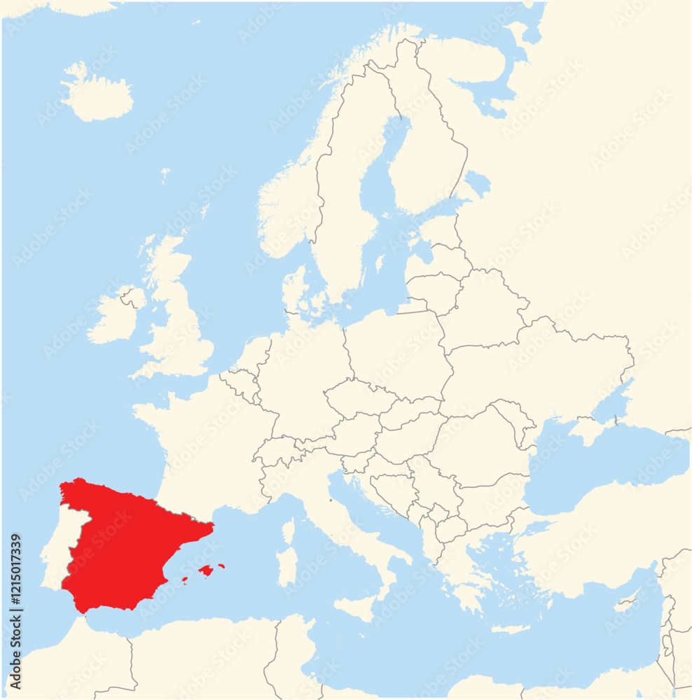 Obraz premium Location Map of the country Spain in Europe. The country is highlighted with a red polygon. No labels at all.