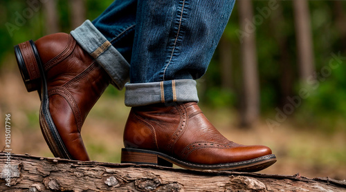 Pair of men's cowboy boots and denim jeans standing in the dirt. High quality photo