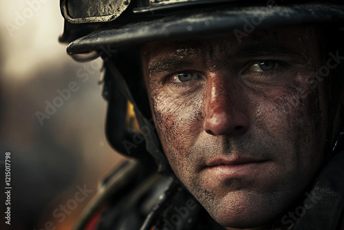 Generative AI Portrait of a Dedicated Firefighter with Intense Expression Highlighting Courage and Bravery photo