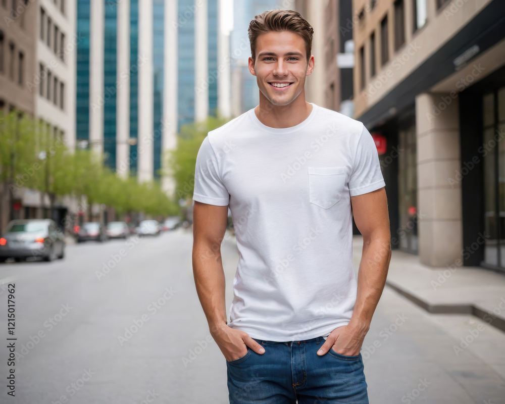 Young man wearing white t-shirt and jeans standing on the street Young man wearing white t-shirt and jeans standing on the street