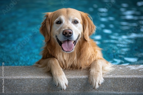 Happy Golden Retriever Joyfully Posing by Sparkling Blue Swimming Pool Water, Radiating Playfulness and Charm in a Bright and Vibrant Setting photo