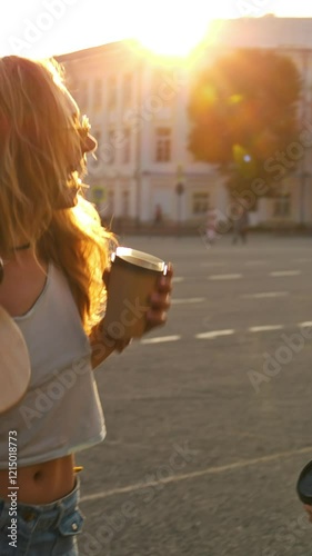 Vertical Video. Two beautiful stylish multicultural girls walking together and drinking coffee, laughing and chatting like best friends