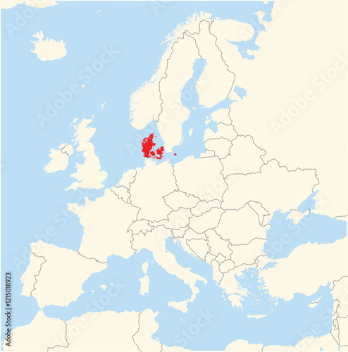 Location Map of the country Denmark in Europe. The country is highlighted with a red polygon. No labels at all.