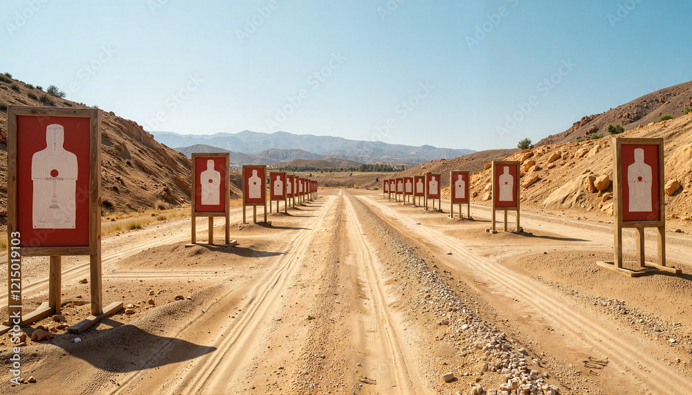 Outdoor target range featuring multiple stands with red and white targets, precision practice Outdoor target range featuring multiple stands with red and white targets, precision practice
