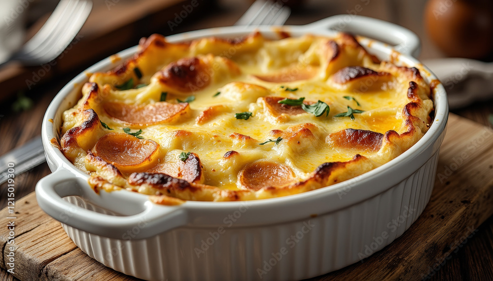 Bubbling gratin dauphinois in white dish on rustic table, comfort food Bubbling gratin dauphinois in white dish on rustic table, comfort food