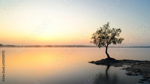 Scenic view of a tranquil lake at sunrise with a lone tree growing on a small island and fog adding a touch of mystery