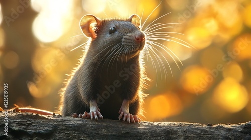 Malagasy giant rat sitting a log in a sunlit forest clearing its whiskers and soft fur glowing under the warm light captured with a macro lens for vivid close up realism photo