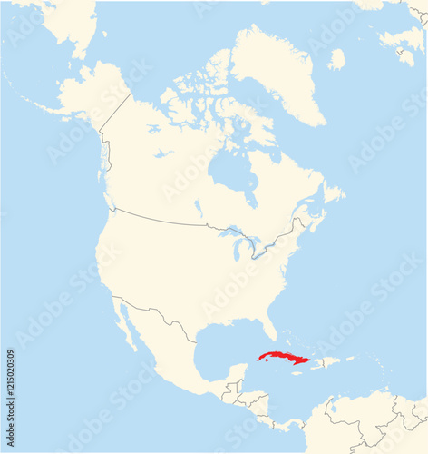 Location Map of the country Cuba in North America. The country is highlighted with a red polygon. No labels at all.